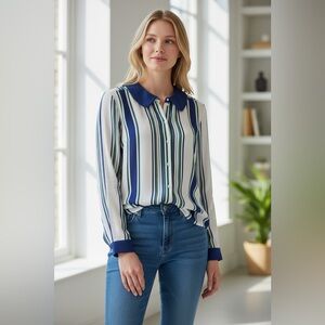 Maeve Women’s SZ 12 Green Blue Striped Silky Button Up Blouse Peter Pan Collar